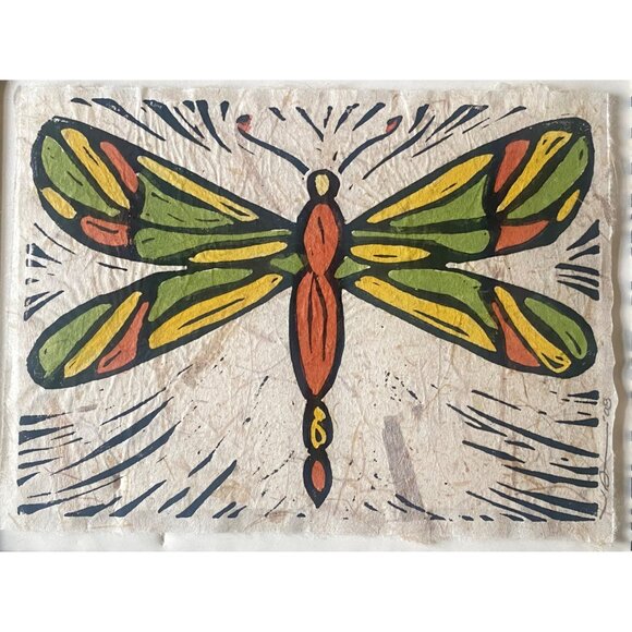 Handmade Dragonfly Block Print Art Artist John Davis 11 x 14 Matted Wall Decor - Picture 4 of 8